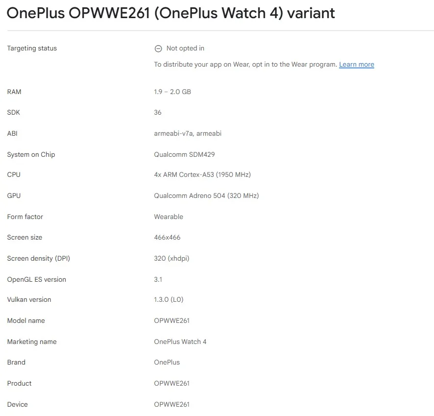 OnePlus Watch 4 Google Play Console listing