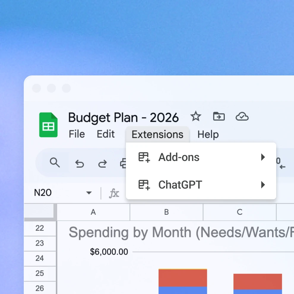 Excel Use ChatGPT where you already work Two up Get ChatGPT for Excel beta ChatGPT GSheet Image3
