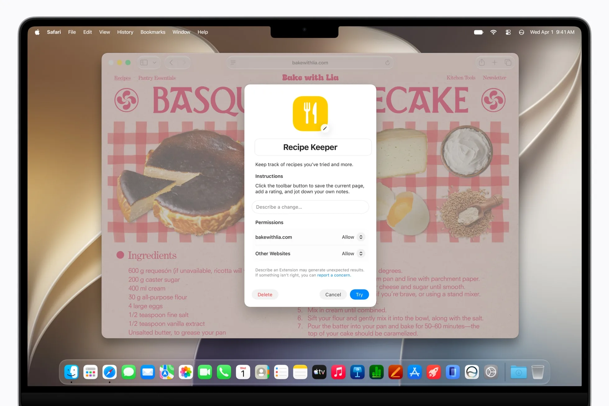 Safari utilise l’IA pour créer des extensions personnalisées avec Apple Intelligence 59 Apple Intelligence Safari Describe an Extension recipe keeper