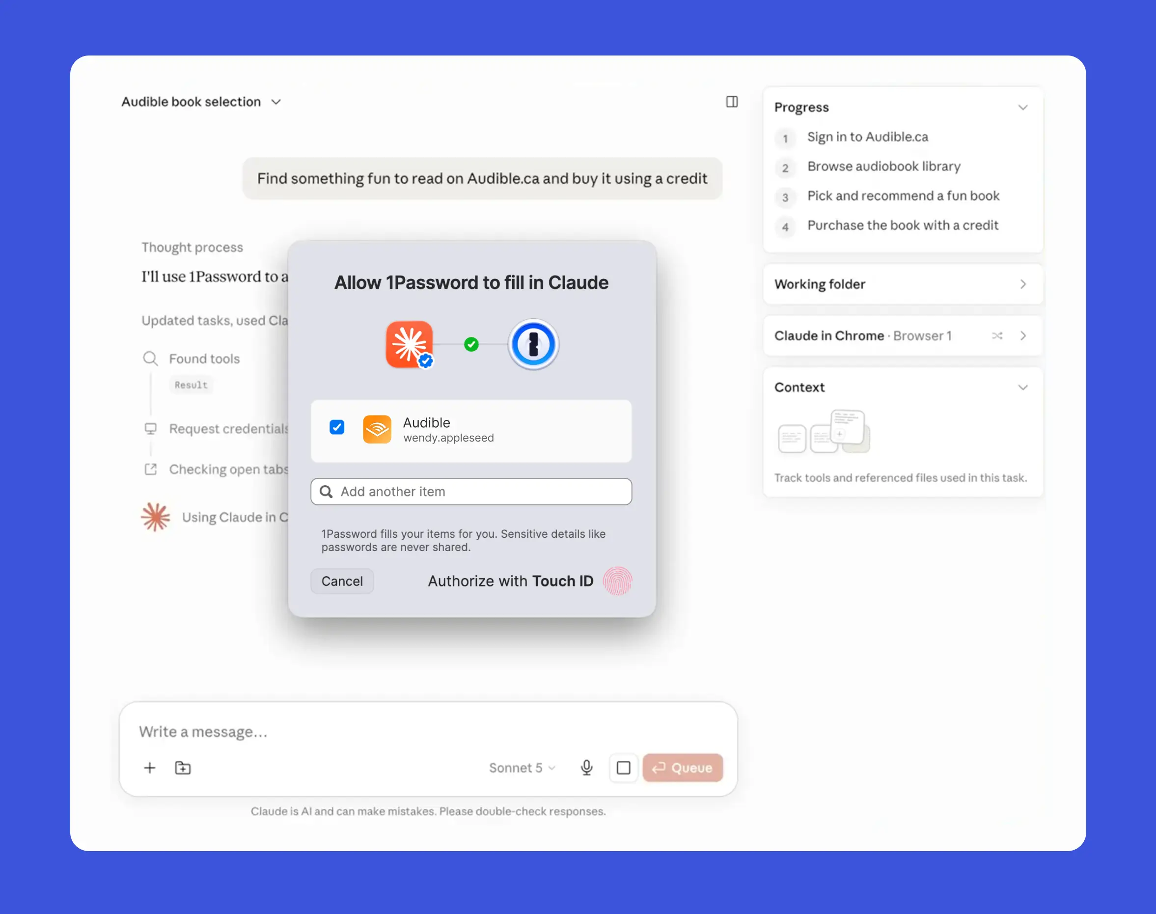 1Password s’intègre à Claude : l’IA peut désormais se connecter à vos comptes sans voir vos mots de passe 58 1P for Claude Audible 1