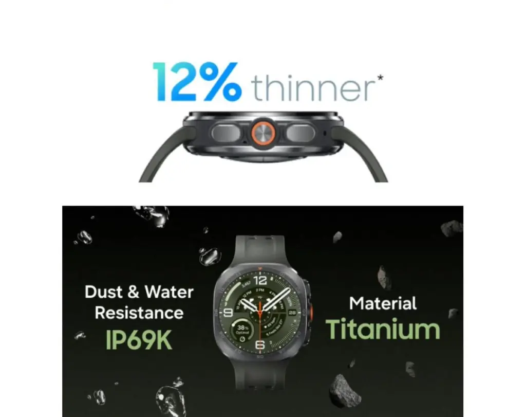 Galaxy Watch Ultra 2 : les images officielles en fuite dévoilent batterie de 800 mAh, Snapdragon Wear Elite et écran 5 000 nits 46 Galaxy Watch Ultra 2 leaked marketing image thickness IP rating material