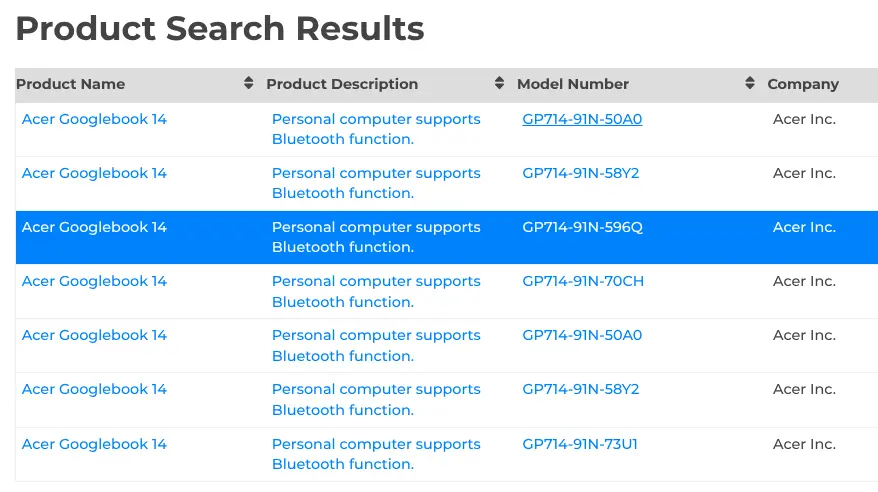 Acer Googlebook 14 : Core Ultra 7, OLED 120 Hz et jusqu’à 32 Go de RAM pour le nouveau PC de Google 56 Acer Googlebook 14 models listed in the Bluetooth SIG database