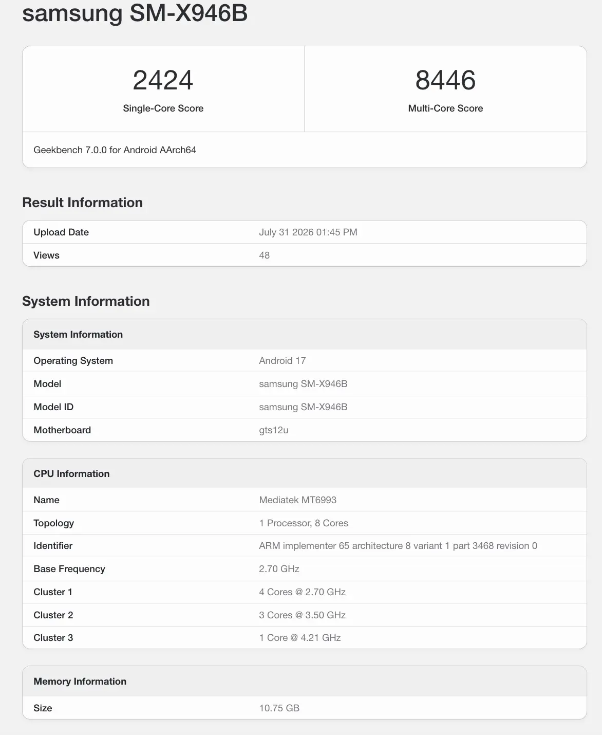 Galaxy Tab S12 Ultra : un benchmark confirme la puce MediaTek Dimensity 9500 avant son lancement 58 Screen 2026 08 03 at 14.39.40