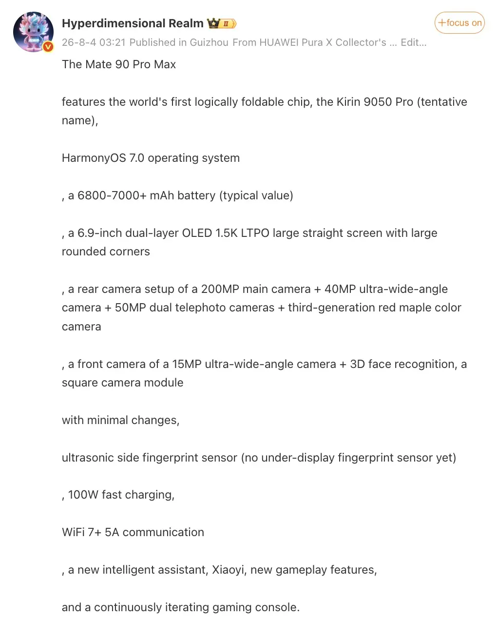 Huawei Mate 90 Pro Max : une fuite dévoile le Kirin 9050 Pro, un capteur 200 mégapixels et une batterie jusqu’à 7 000 mAh 58 Screen 2026 08 04 at 14.01.24