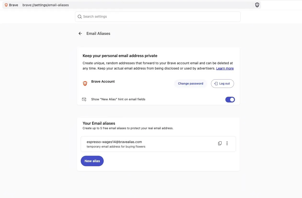 Brave ajoute des alias email pour limiter le pistage entre les sites web 58 39 image2