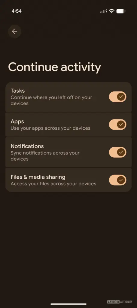 Android 17 : Continue activity arrive pour transférer apps, tâches et fichiers entre appareils 51 Android 17 continue activity settings.jpg