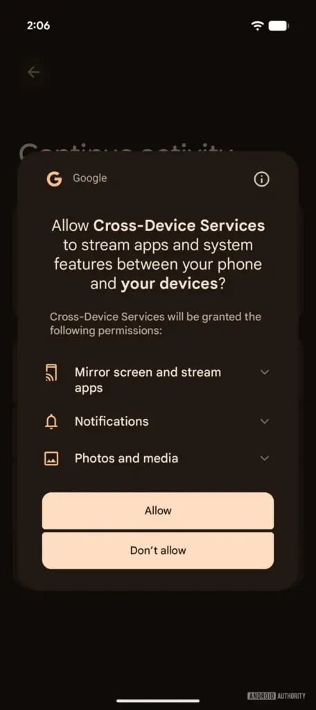 Android 17 : Continue activity arrive pour transférer apps, tâches et fichiers entre appareils 52 Continue activity Android permissions.jpg