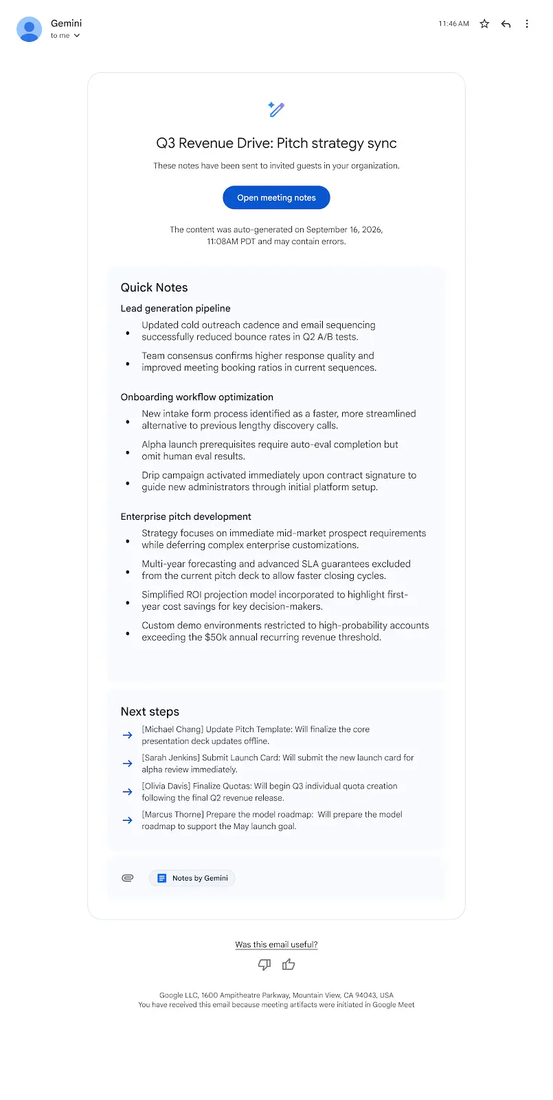 Google Meet lance Quick notes : l’IA résume désormais vos réunions sur une seule page 51 Email Summary