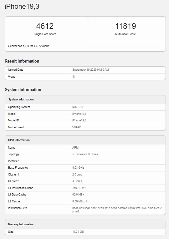 iPhone 18 Pro et iPhone 18 Pro Max : les premiers benchmarks du A20 Pro 2 nm apparaissent 37 iPhone 18 Pro Max Geekbench