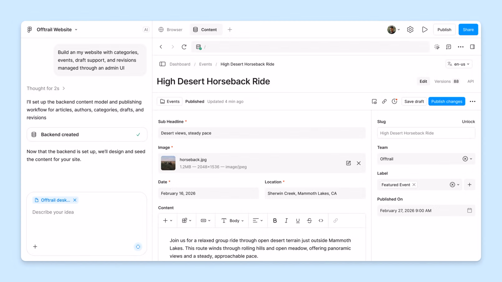 Figma Specs : un éditeur Markdown pour mieux encadrer la création de designs par l’IA 65 Modifiez les détails d’un événement, enregistrez des brouillons et publiez des mises à jour via le panneau d’administration intégré de Payload.