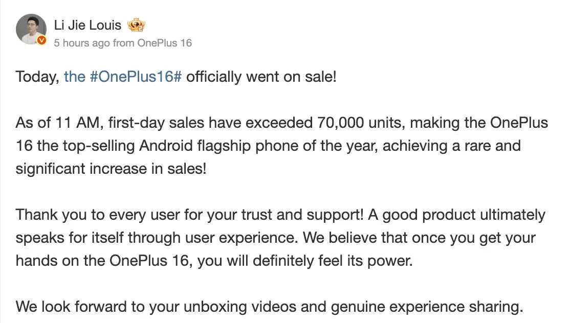 OnePlus 16 : plus de 70 000 ventes en une heure pour le nouveau flagship gaming 79 Screen 2026 10 13 at 10.19.20