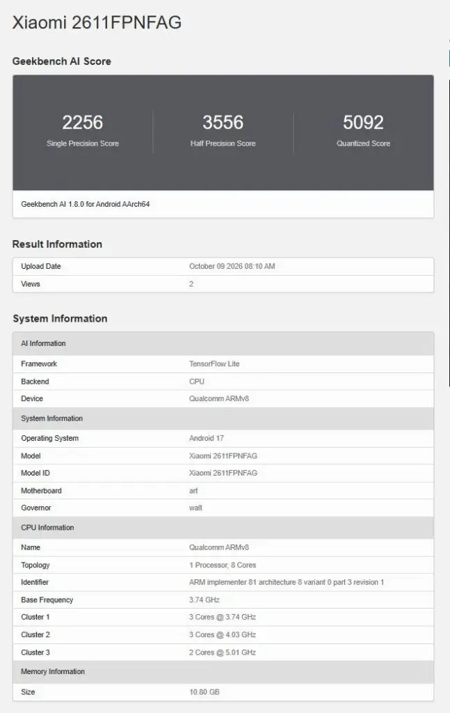 XXIaomi 18 Pro Max Geekbench AI