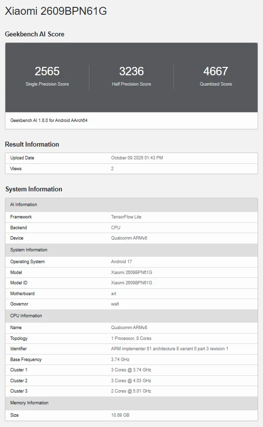 Xiaomi 18 Pro Geekbench AI