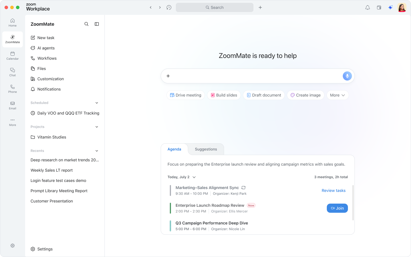 ZoomMate s'intègre à Zoom Workplace pour aider les équipes à transformer leurs conversations en tâches accomplies.